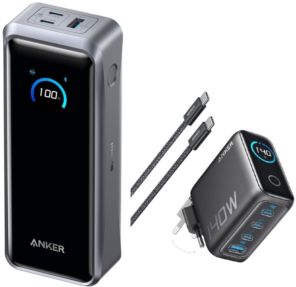 Anker Prime Power Bank, 26.250mAh + Anker 140W USB-C oplader - Geschikt als lader voor laptops - 4 poorten voor snelladen van meerdere apparaten