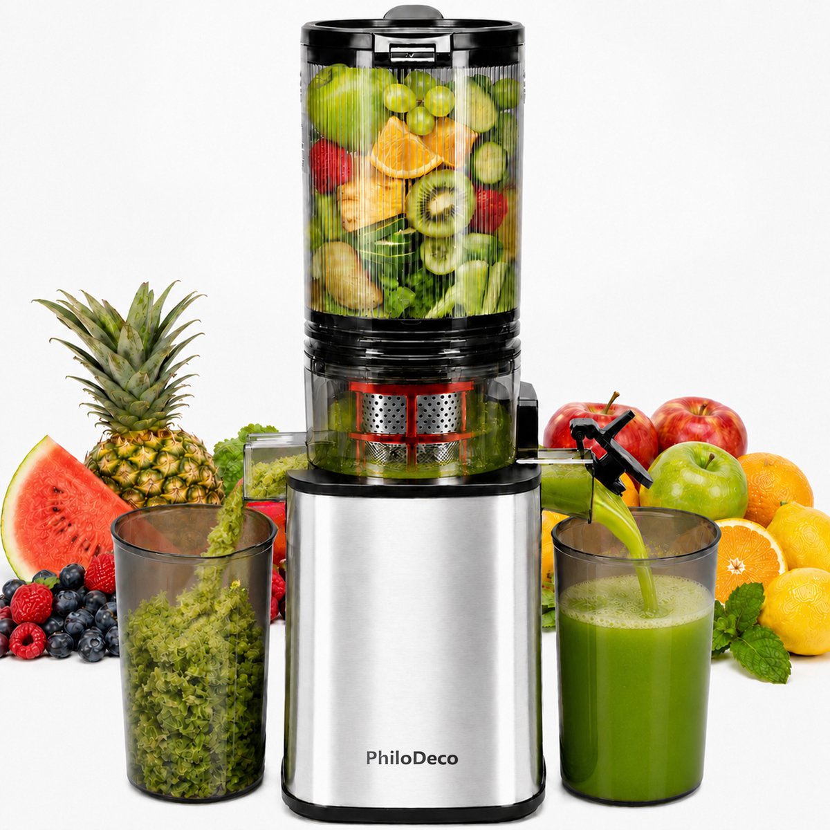 PhiloDeco Slowjuicer-Koudpersjuicer - sapcentrifuge -110mm brede vulopening-PureFlow dubbele filter-250W krachtige motor-40N·m koppel-hoge sapopbrengst-verse sapmachine