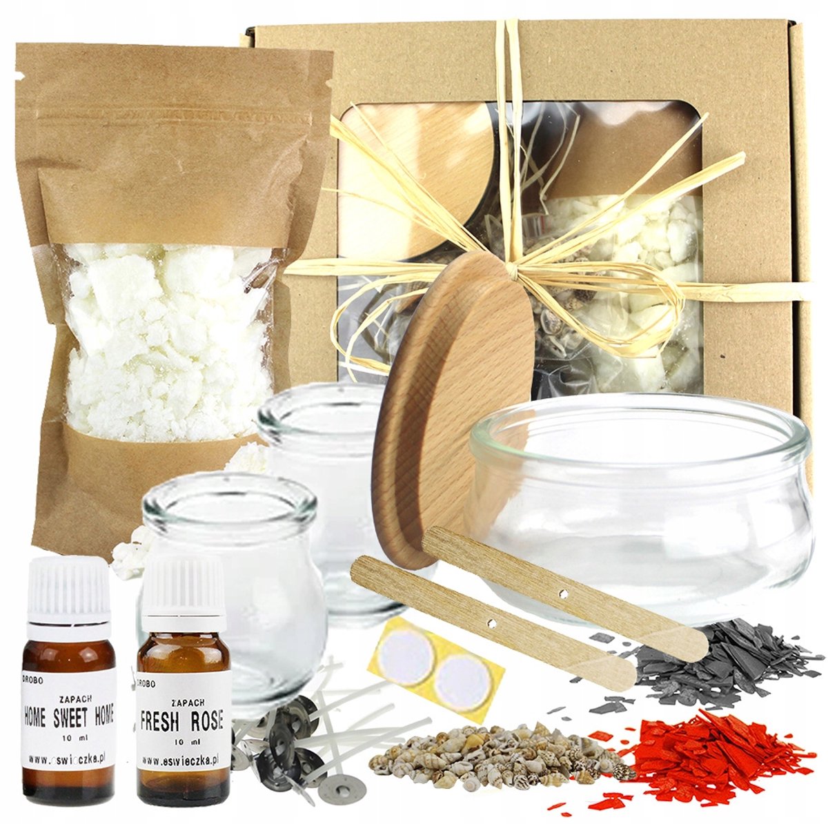 Zelf kaarsen maken set: sojawater, glas, geur & schelpen