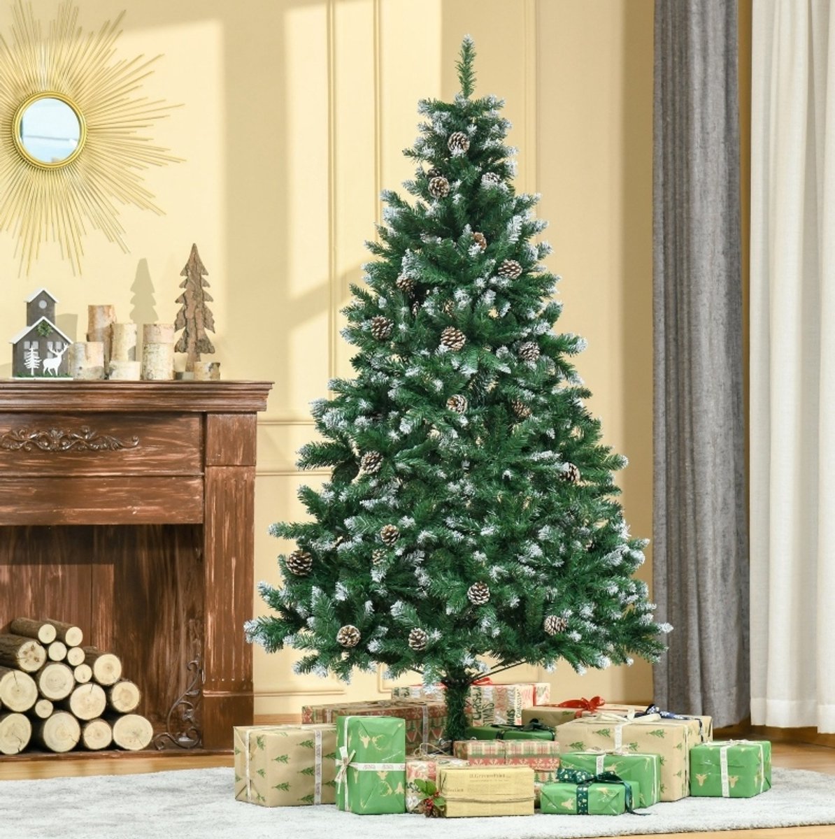 REDOM- Kerstboom - 1111 kunststof takken - Met 59 dennenappels en sneeuw - Voor binnen - Traditionele stijl - Woonkamer - Kunststof - Groen - Ø90 x 180 cm