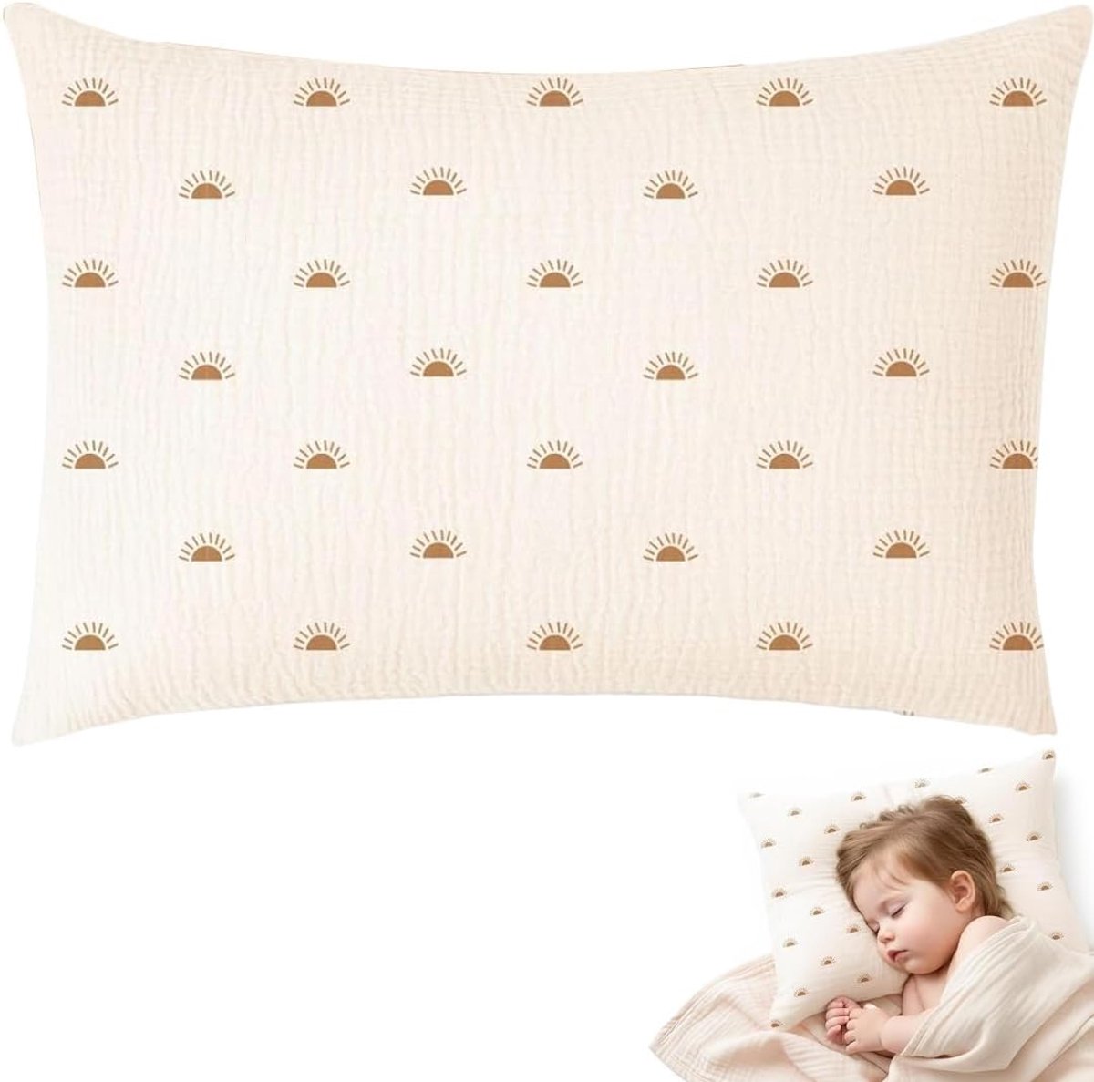 1 x kinderkussen, overtrek voor baby's, 33 x 45 cm, beige, regenboog, zacht, ademend - ShopVlot