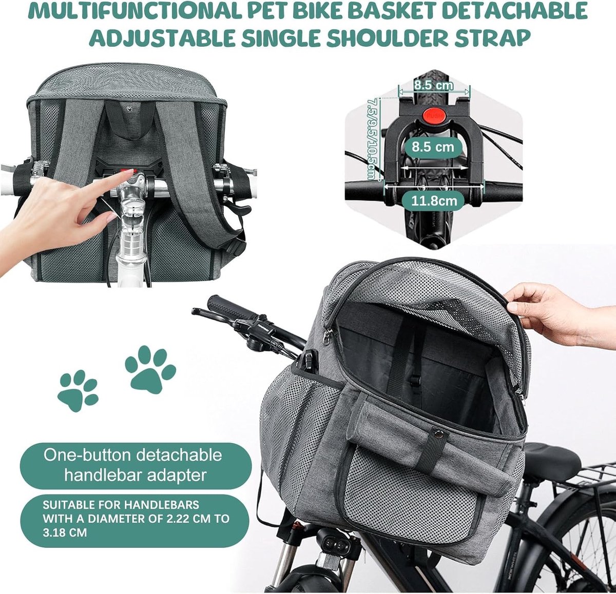 Fietsmand voor Honden - Grijs - 37 x 27 x 40 cm - Oxford-stof met PVC - Voor Honden tot 5 kg