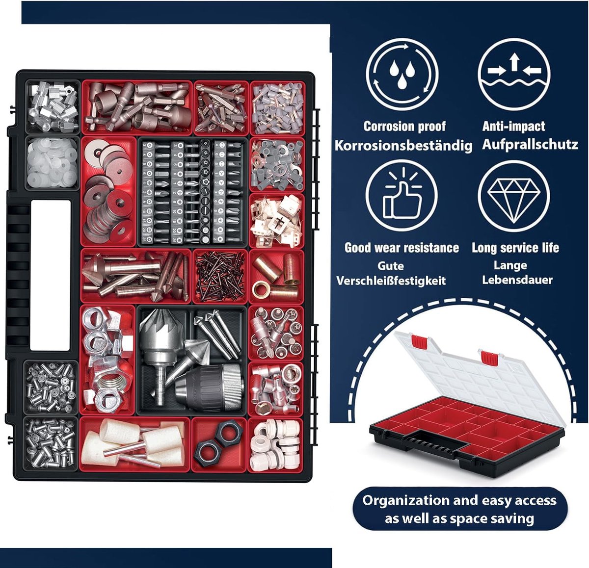 Assortment box with removable red compartments, ideal for small parts, tools and organisation, plastic (set of 2), 40 - ShopVlot