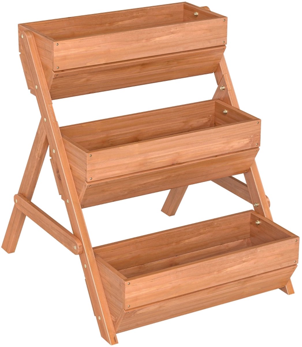 Plantenrek 75 × 65 × 76 cm lichtbruin Hout kweekbak met 3 niveaus voor bloempotten en groenten met afvoergaten eenvoudig ontwerp stabiel en duurzaam geschikt voor tuin balkon terras en kas