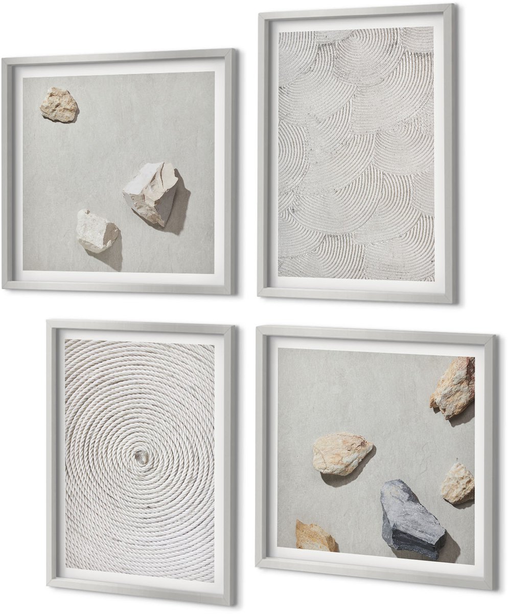 Coloray 4-Delige Schilderij Set - Geometrische patronen van karton en stenen op zand. - 40 x 40 cm en 40 x 60 cm - Wanddecoratie - Muurdecoratie - Woonkamer