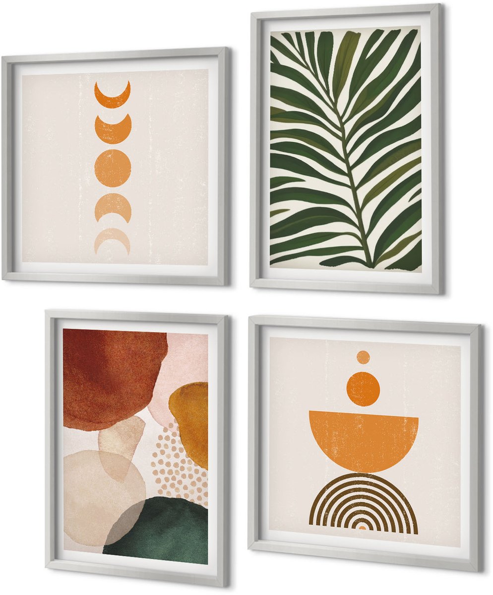 Coloray 4-Delige Schilderij Set - Abstracte vormen in warme kleuren en bladeren - 40 x 40 cm en 40 x 60 cm - Stijlvolle Muurdecoratie - Slaapkamer - Decoratieve Schilderijen
