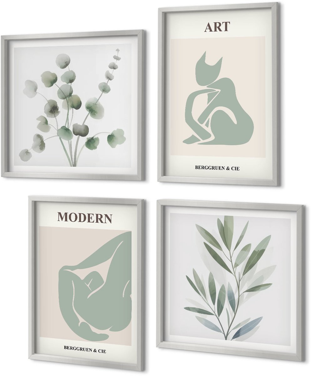 Coloray 4-Delige Schilderij Set - Plantmotieven in delicate groene tinten - 40 x 40 cm en 40 x 60 cm - Wanddecoratie - Schilderijen Set - Kantoor - Muurdecoratie