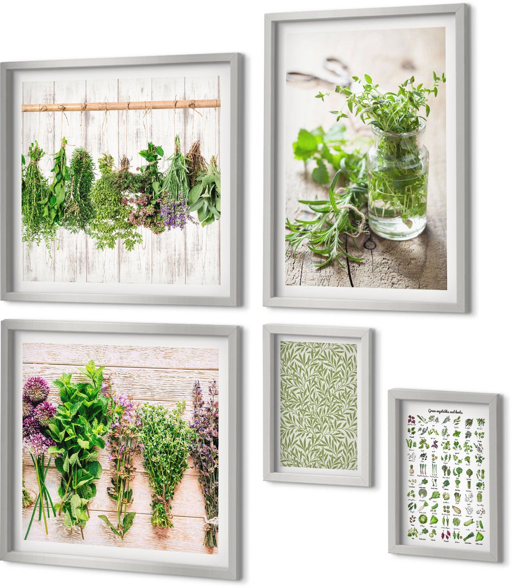 Coloray 5-Delige Schilderij Set - Lijst Met Gedroogde Keukenkruiden - 20 x 30 cm - Stijlvolle Wanddecoratie - Interieur - Muurdecoratie