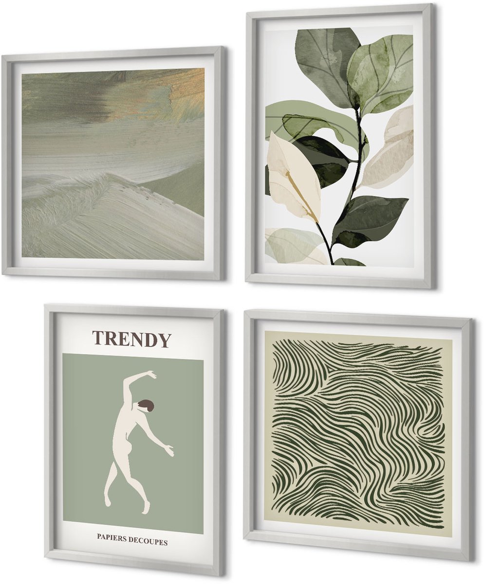 Coloray 4-Delige Schilderij Set - Plantenpatronen met silhouetten en abstracte vormen - 40 x 40 cm en 40 x 60 cm - Wanddecoratie - Moderne Interieurdecoratie - Moderne Wanddecoratie