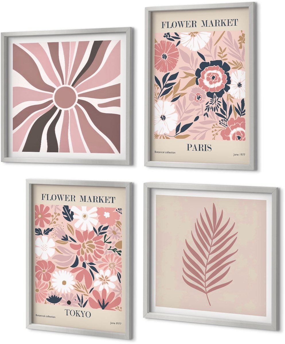 Coloray 4-Delige Schilderij Set - Bloemmotieven met bladeren en geometrische vormen - 40 x 40 cm en 40 x 60 cm - Moderne Wanddecoratie - Woonkamer - Decoratieve Schilderijen