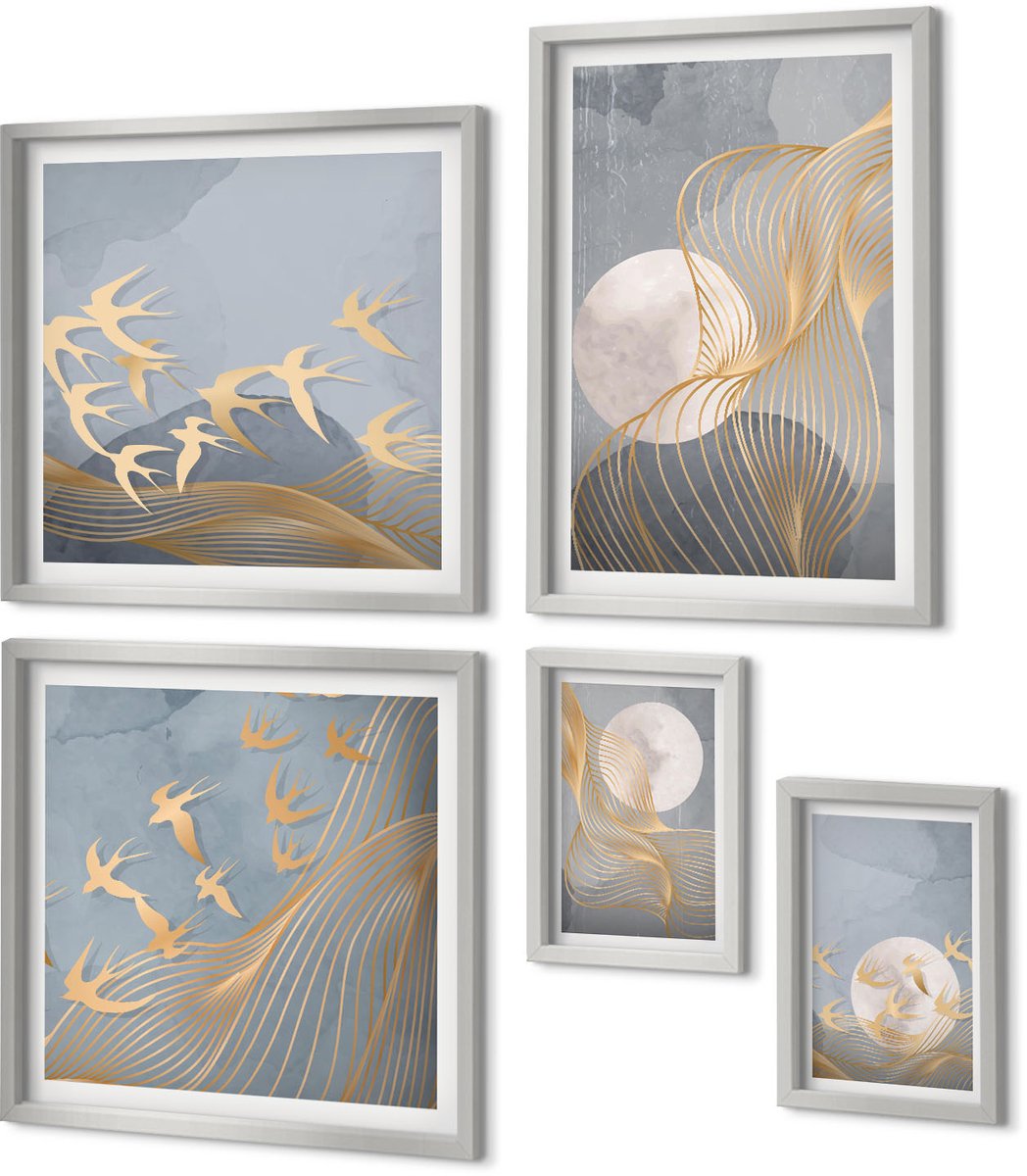 Coloray 5-Delige Schilderij Set - Abstracte Patronen Met Golven En Cirkels Op Een Grijze Achtergrond. - 20 x 30 cm - Decoratieve Schilderijen - Wanddecoratie - Hal