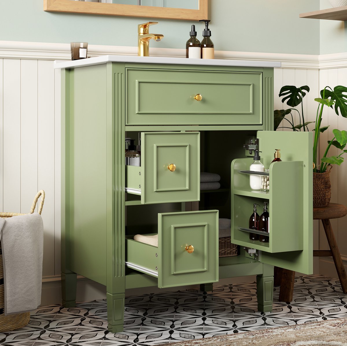 MIVRAY Badkamerkast - Hoogglans Groene Wastafelmeubel Met Keramische Wasbak En Soft Close - Landelijke Stijl Voor Badkamer - 61 Cm