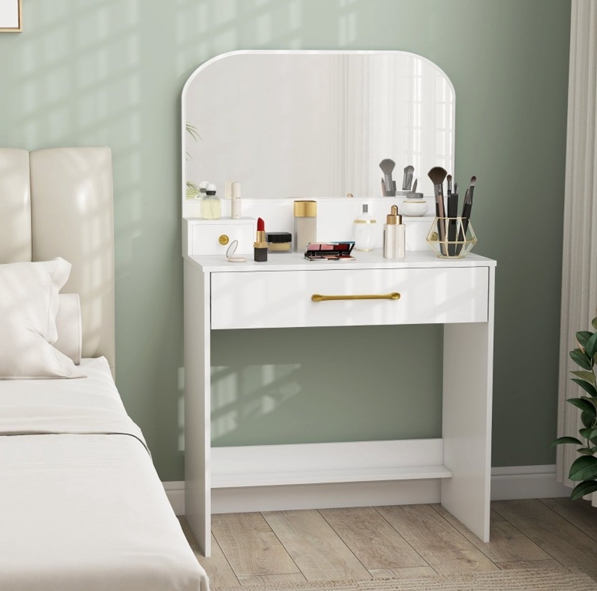 MIVRAY Kaptafel Met Spiegel 3 Lades Compact Modern Ontwerp Voor Slaapkamer en Kleine Ruimtes Hout Met Melamine Afwerking Wit 80 x 40 x 135 Cm