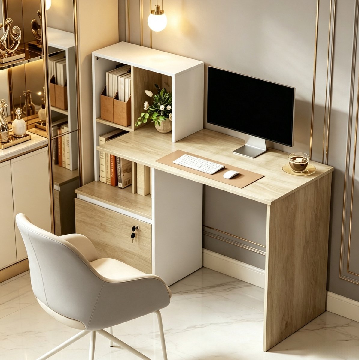 MIVRAY Bureau - Computerbureau Met Opbergrek En Afsluitbare Lade - Voor Thuiswerk En Studie - Spaanplaat - Wit En Licht Eiken - 126 X 50 X 109 Cm