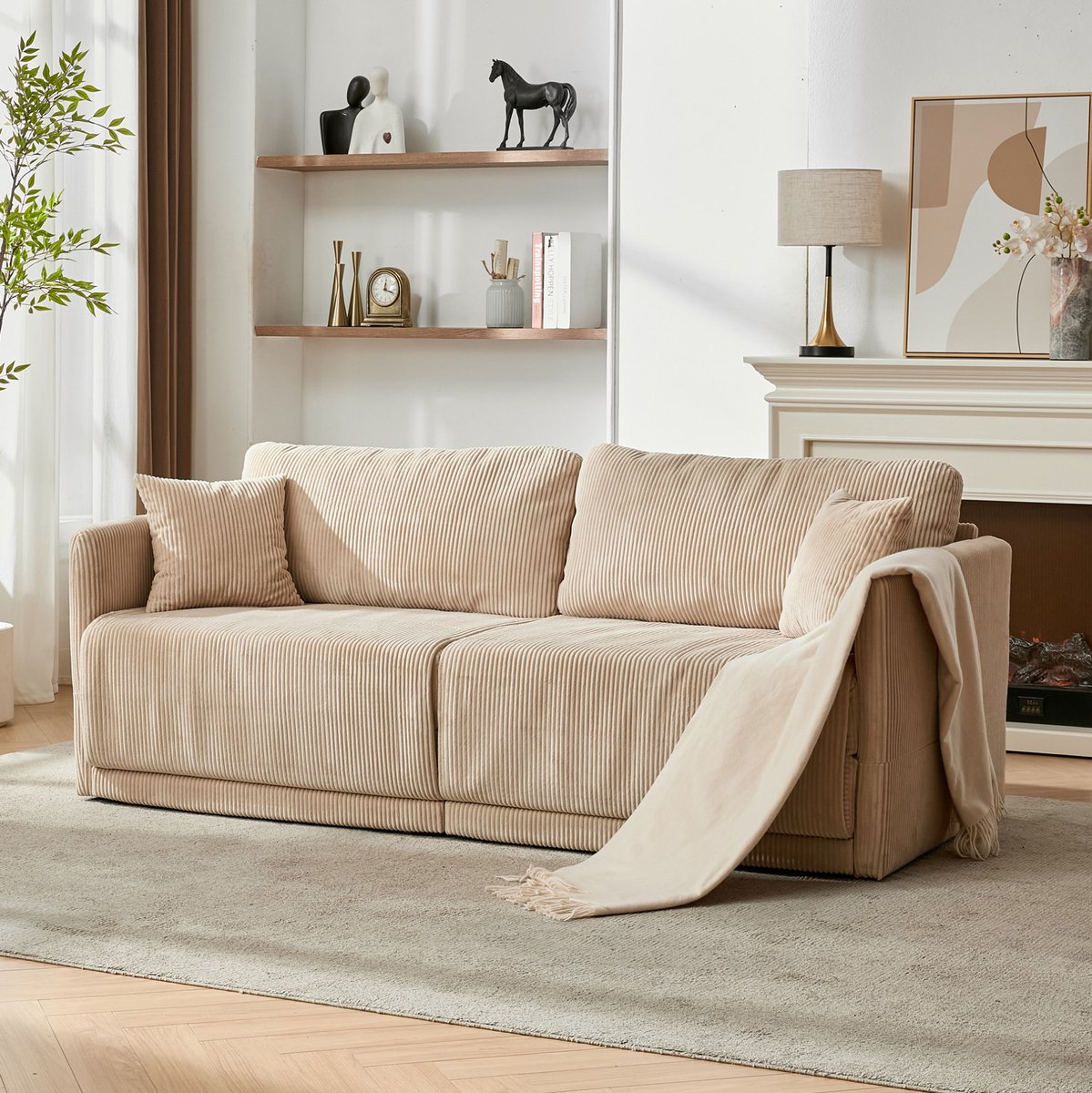 DESMIU Slaapbank 2-Zits - Moderne Minimalistische Opklapbare Slaapfunctie - Voor Woonkamer, Kantoor En Studio - Corduroy Polyester - Beige