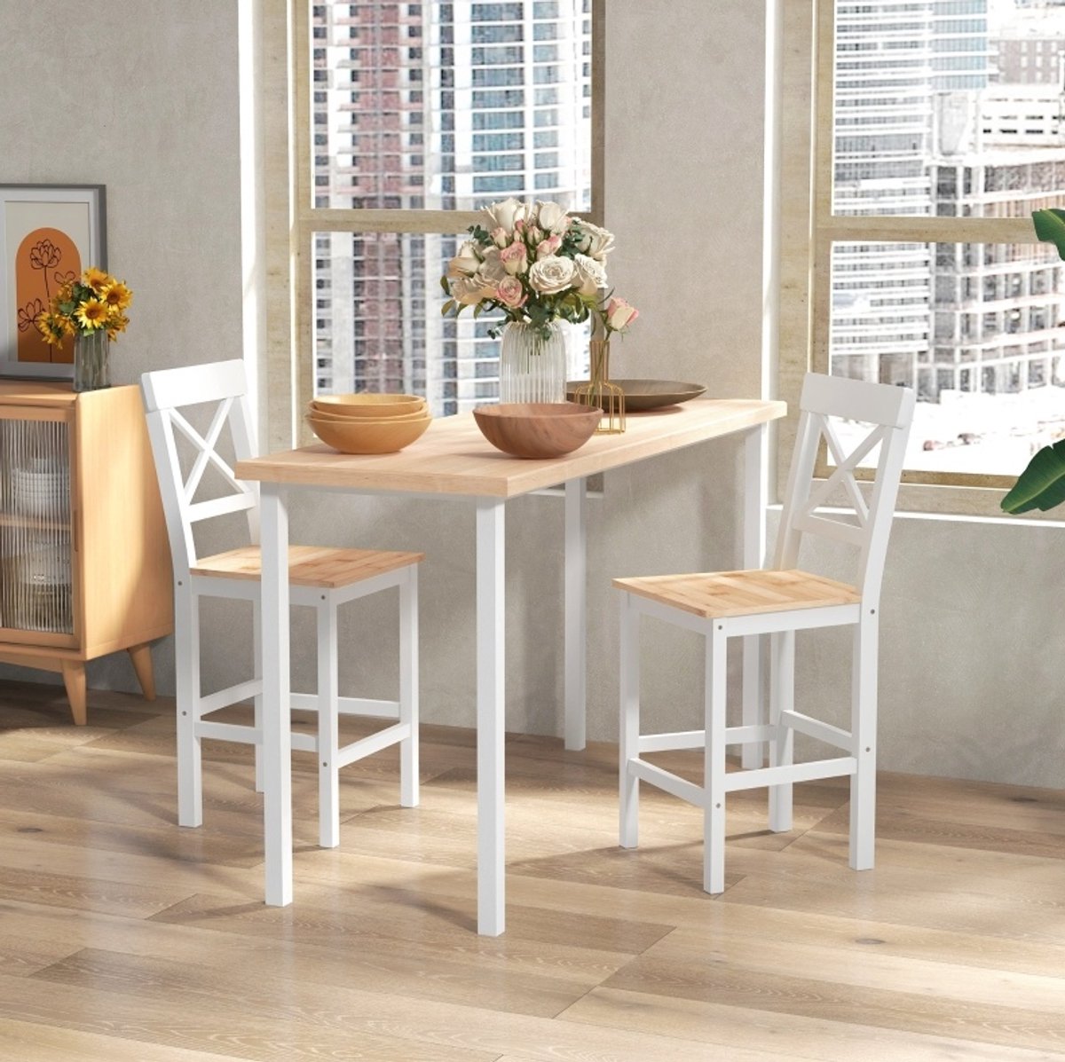FloraGrace Barkruk Set Van 2 – Met Rugleuning En Voetsteun – Landelijke Keukenbarstoel Voor Keuken Eetkamer – Hout – Natural