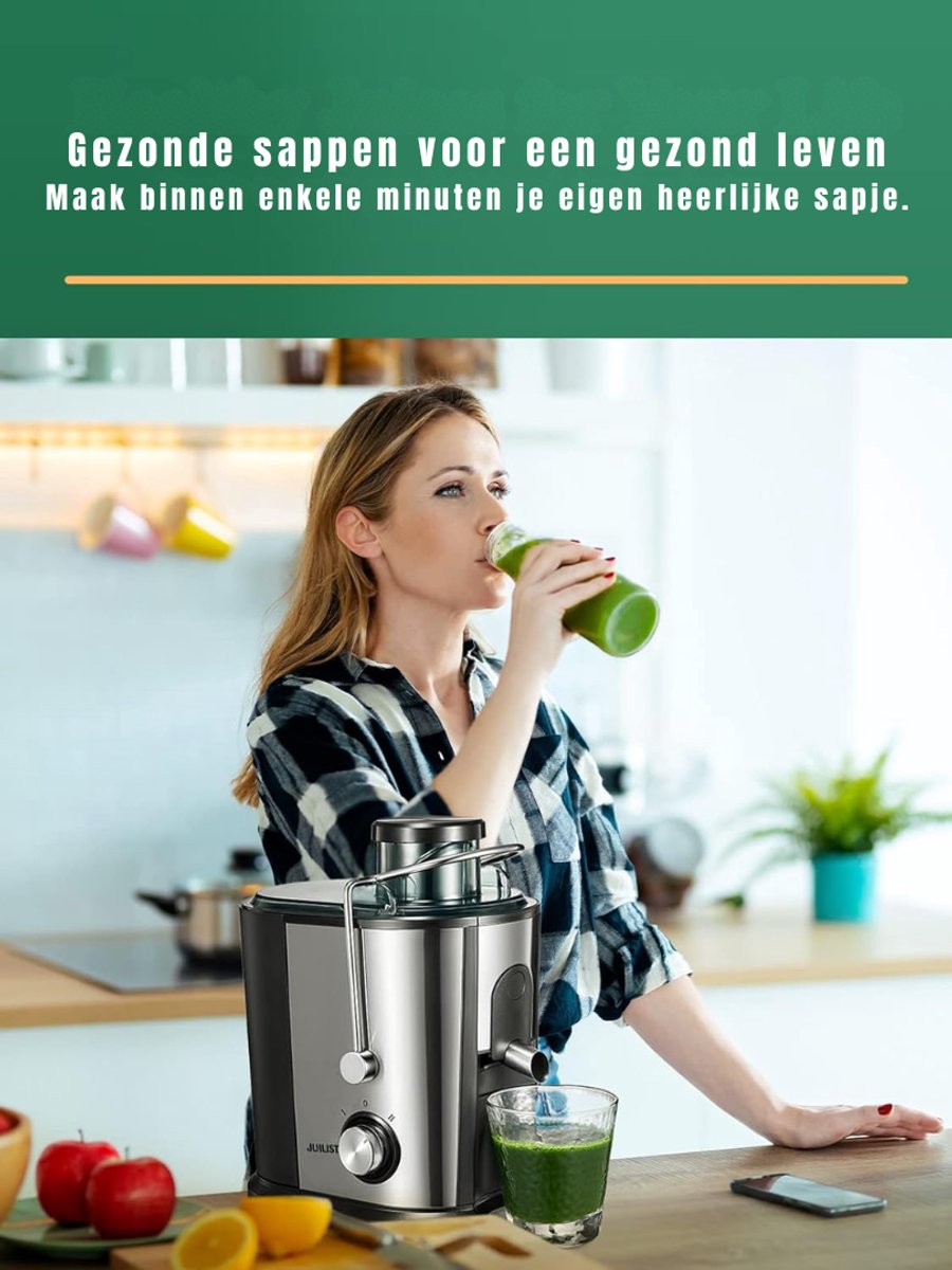 QUOVO® Professionele Juicers - Sapcentrifuge voor Groenten & Fruit - Juicer Met 0.65 L Sapbeker en Pulpreservoir - 2 Snelheden - 600W - RVS / Zwart- 29cm x 26cm x 18cm thumbnail 5