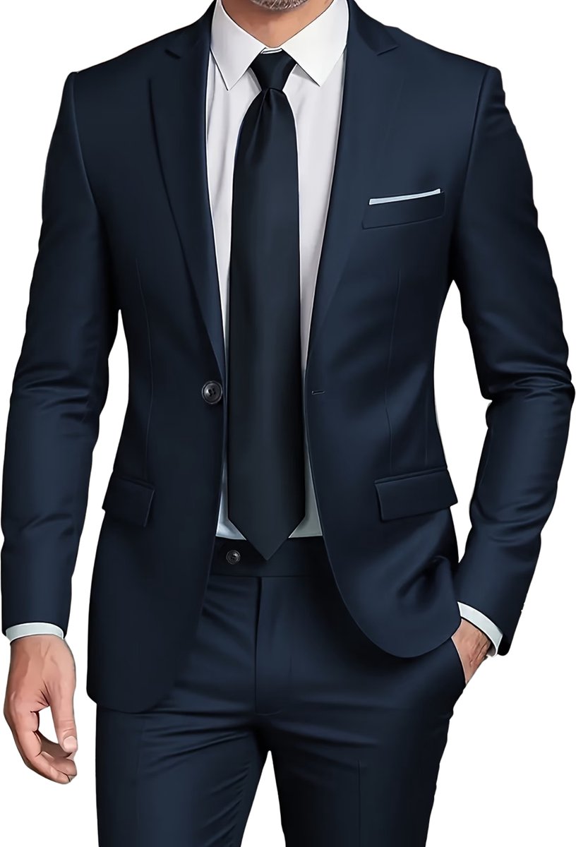 Currero 3 Delig Herenpak Met Overhemd - Suit 2 Delig - Tailored Fit Kostuum - Business Pak - Trouwpak - Smoking - Tuxedo Stijl - Bruiloft, Kantoor & Feest - Marineblauw XXL