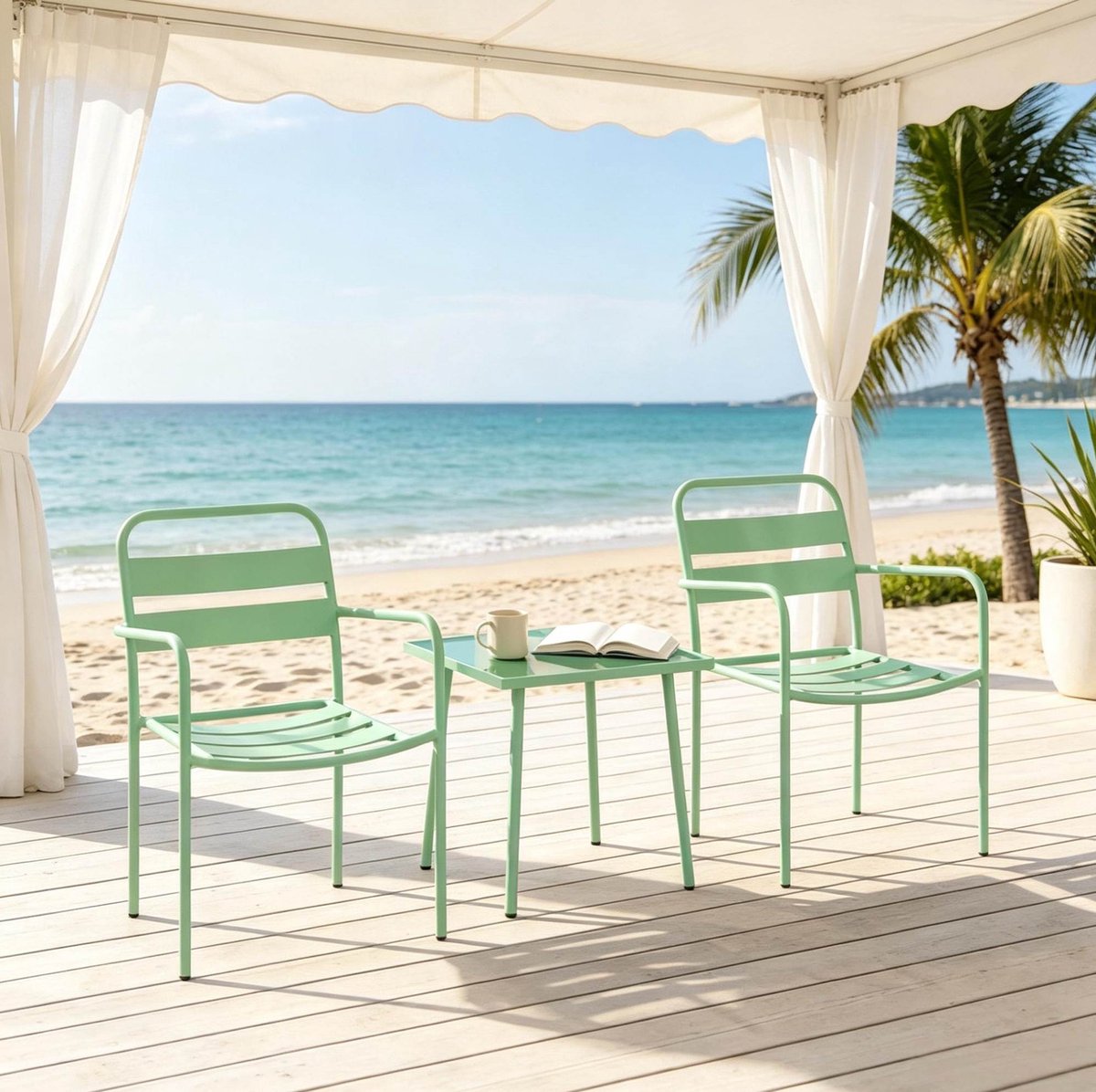 FloraGrace Bistroset Voor 2 Personen - 3 Delige Tuinset Met Armleunstoelen En Vierkante Tafel - Balkon En Terras - Verzinkt Staal En Gehard Glas - Groen