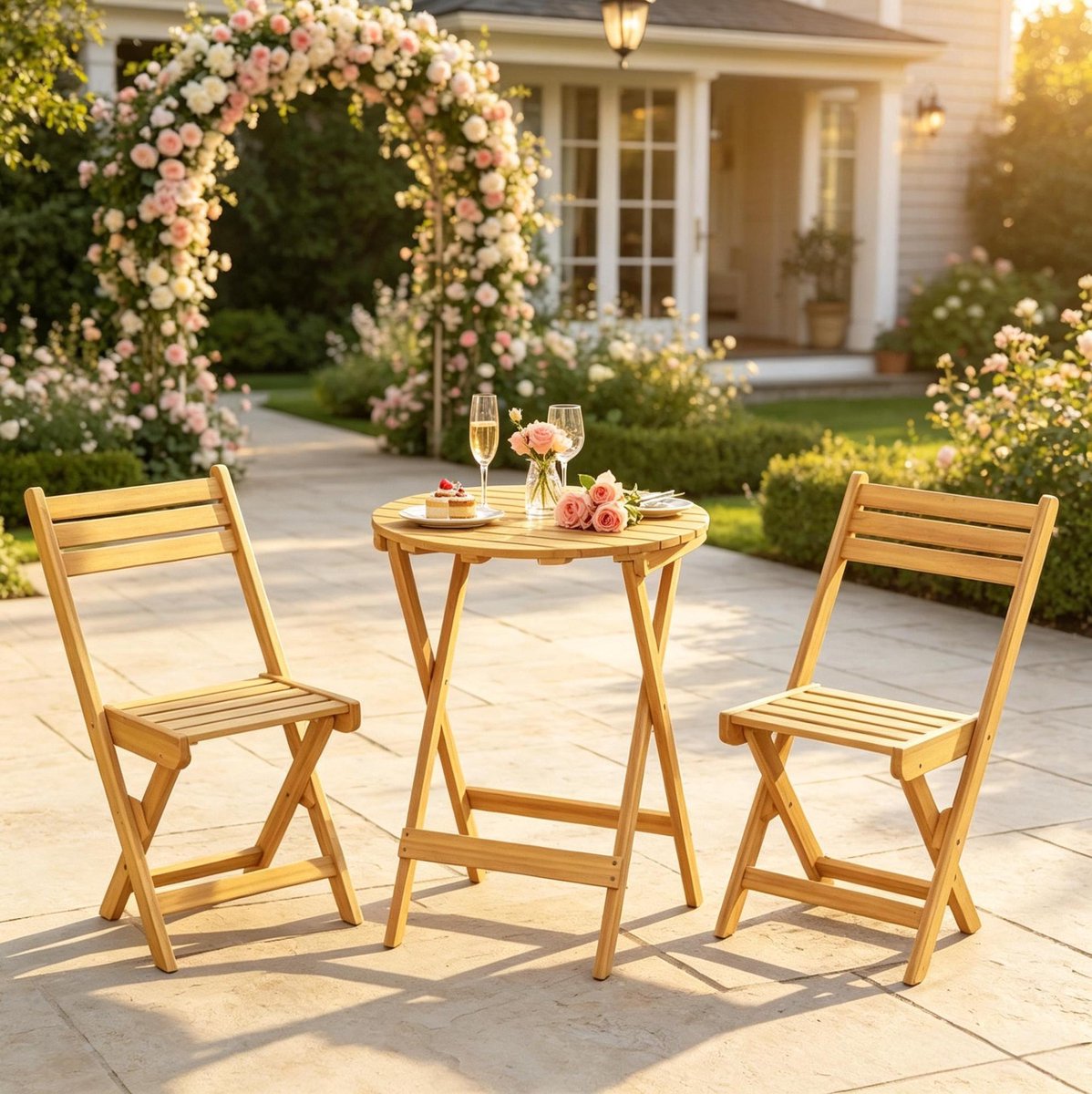 FloraGrace Bistroset – 3-Delige Tuinset Voor 2 Personen – Inklapbare Stoelen En Ronde Tafel – Voor Balkon, Tuin En Terras – Acaciahout – Naturel Hout