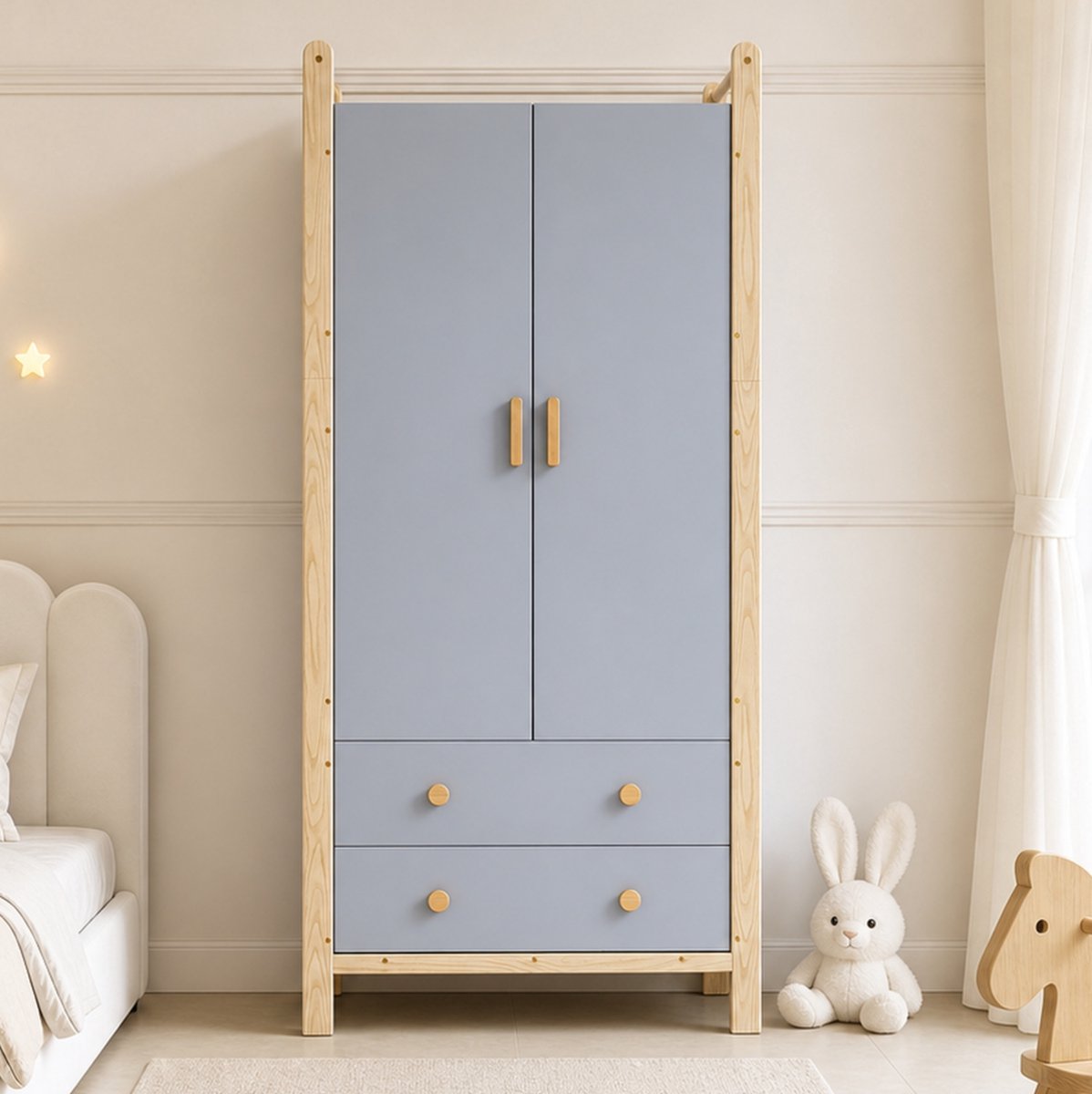 MIVRAY Kledingkast - 2 Deurs Met Hanggedeelte En 2 Lades - Voor Slaapkamer, Kinderkamer En Hal - Blauw En Natuurhout - 90x45x180 Cm Blue