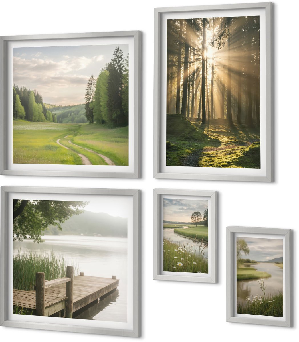Coloray 5-Delige Schilderij Set - Lentelandschap Met Een Rivier, Pad En Bloemenweide - 20 x 30 cm - Muurdecoratie - Wanddecoratie - Hal - Woonkamer Decoratie
