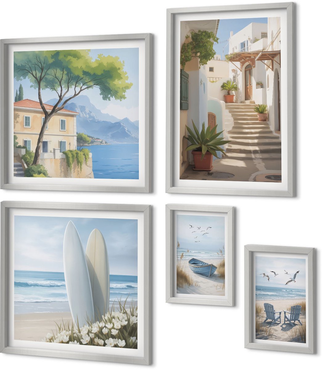 Coloray 5-Delige Schilderij Set - Geschilderde Straten Met Bloemen En Een Fiets - 20 x 30 cm - Moderne Wanddecoratie - Slaapkamer - Interieur Decoratie