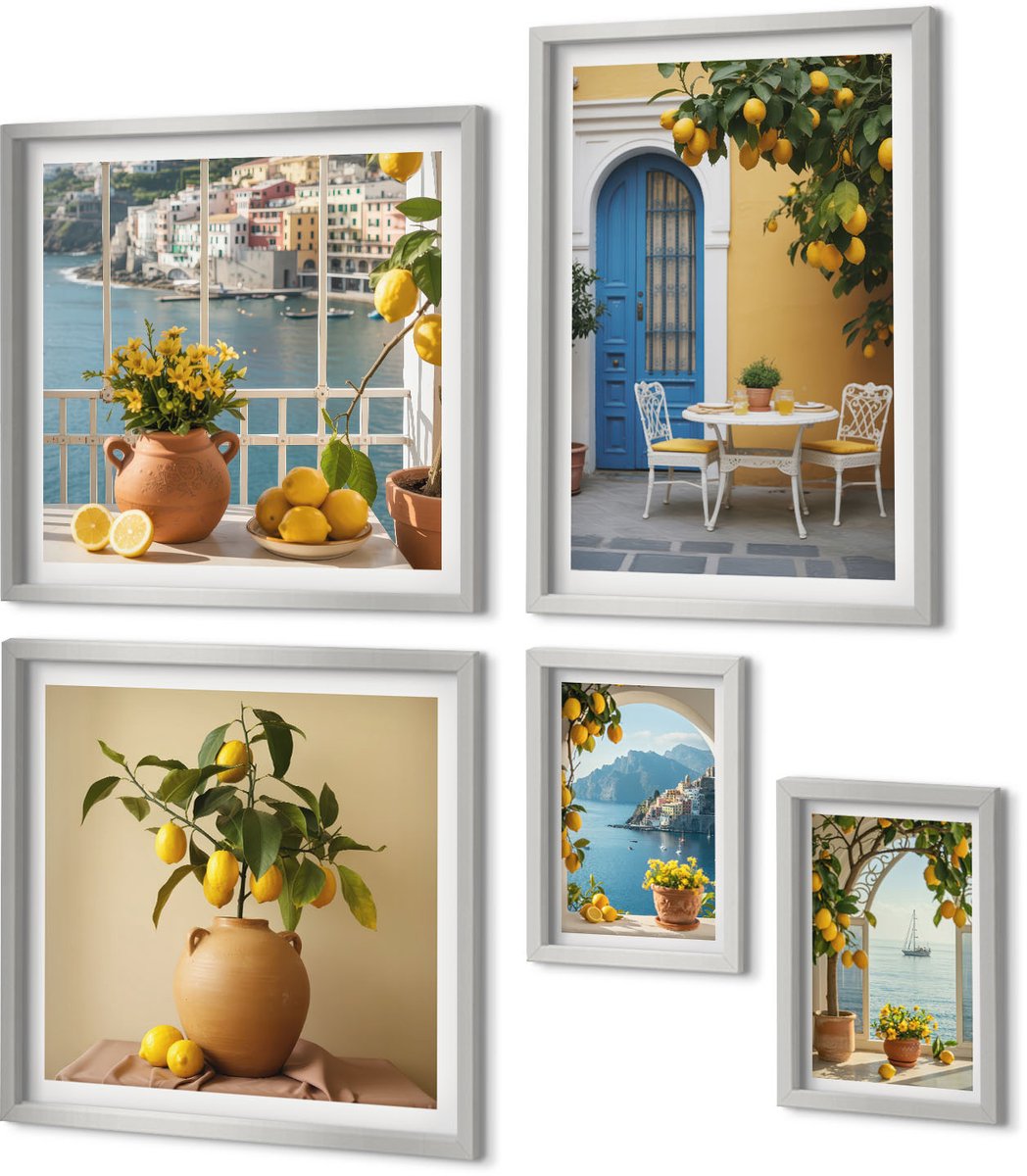 Coloray 5-Delige Schilderij Set - Zeegezichten Met Italiaanse Citroenen In De Ramen. - 20 x 30 cm - Stijlvolle Muurdecoratie - Slaapkamer - Wanddecoratie
