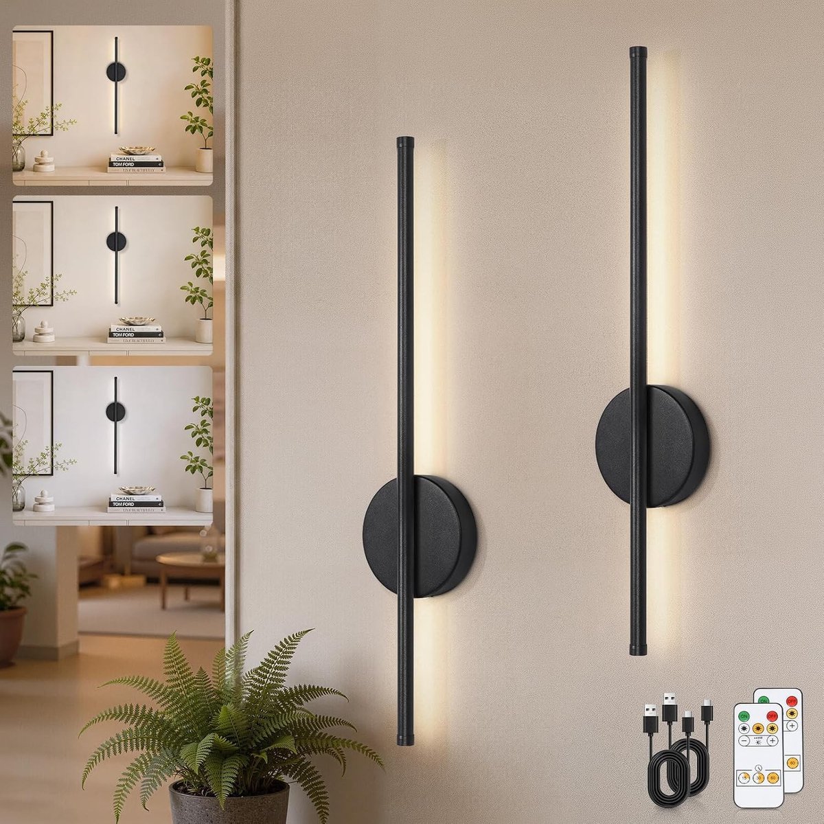 Schilderijlampje draadloos - Zwart - 60 cm - Oplaadbare Dimbare Wandlamp met Afstandsbediening - Voor Woonkamer en Slaapkamer