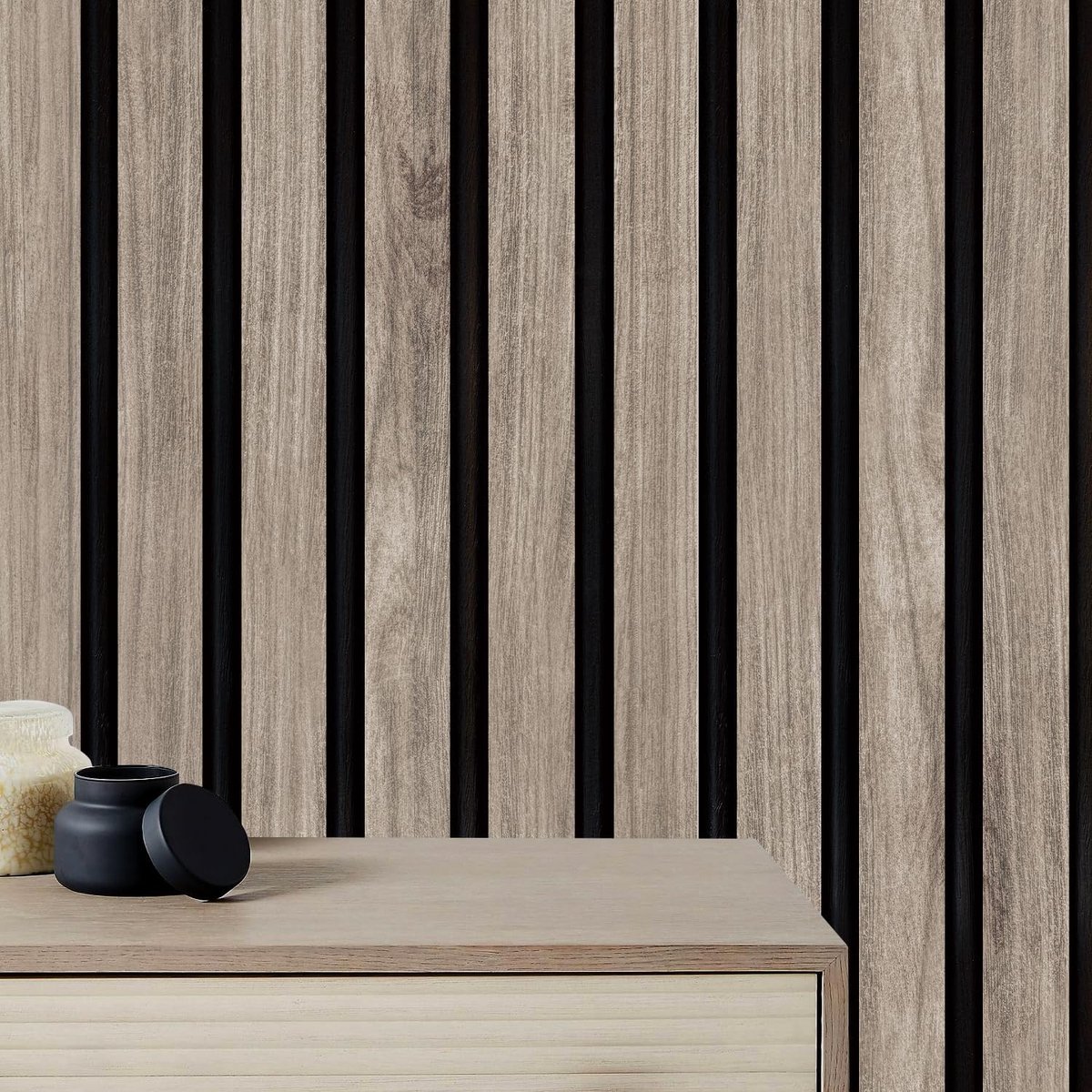 zwarte lamellen muursticker - realistisch houtnerf effect - perfect voor decoratieve muren - ShopVlot