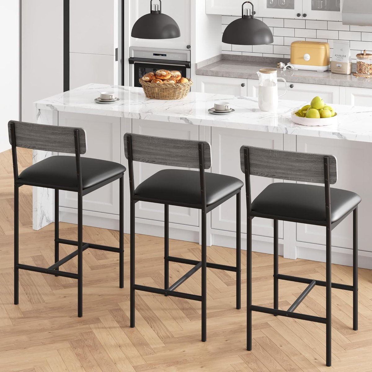 Set van 6 barstoelen, keukenbarstoelen met voetsteun, 64,8 cm hoge gestoffeerde stoelen met rugleuning, 6 barstoelen op aanrichthoogte voor bar en keukeneiland, eenvoudige montage
