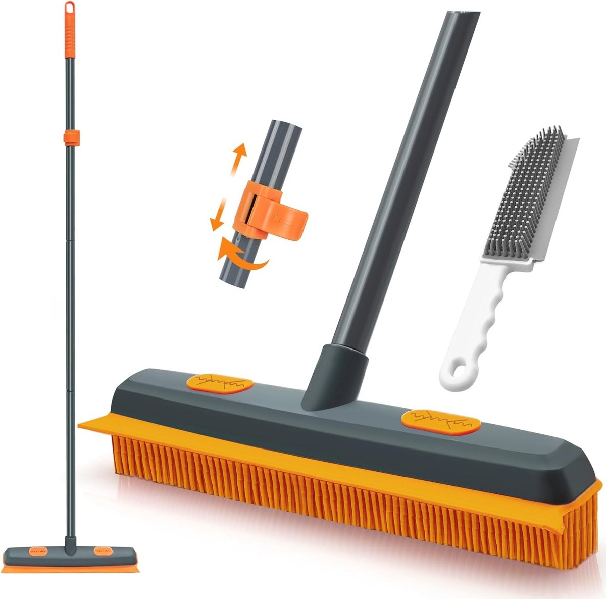 Siliconen Bezem voor Vloeren - Oranje - 146 cm - Rubber Schrobber met Verstelbare Steel - Voor Tapijten en Dierenharen