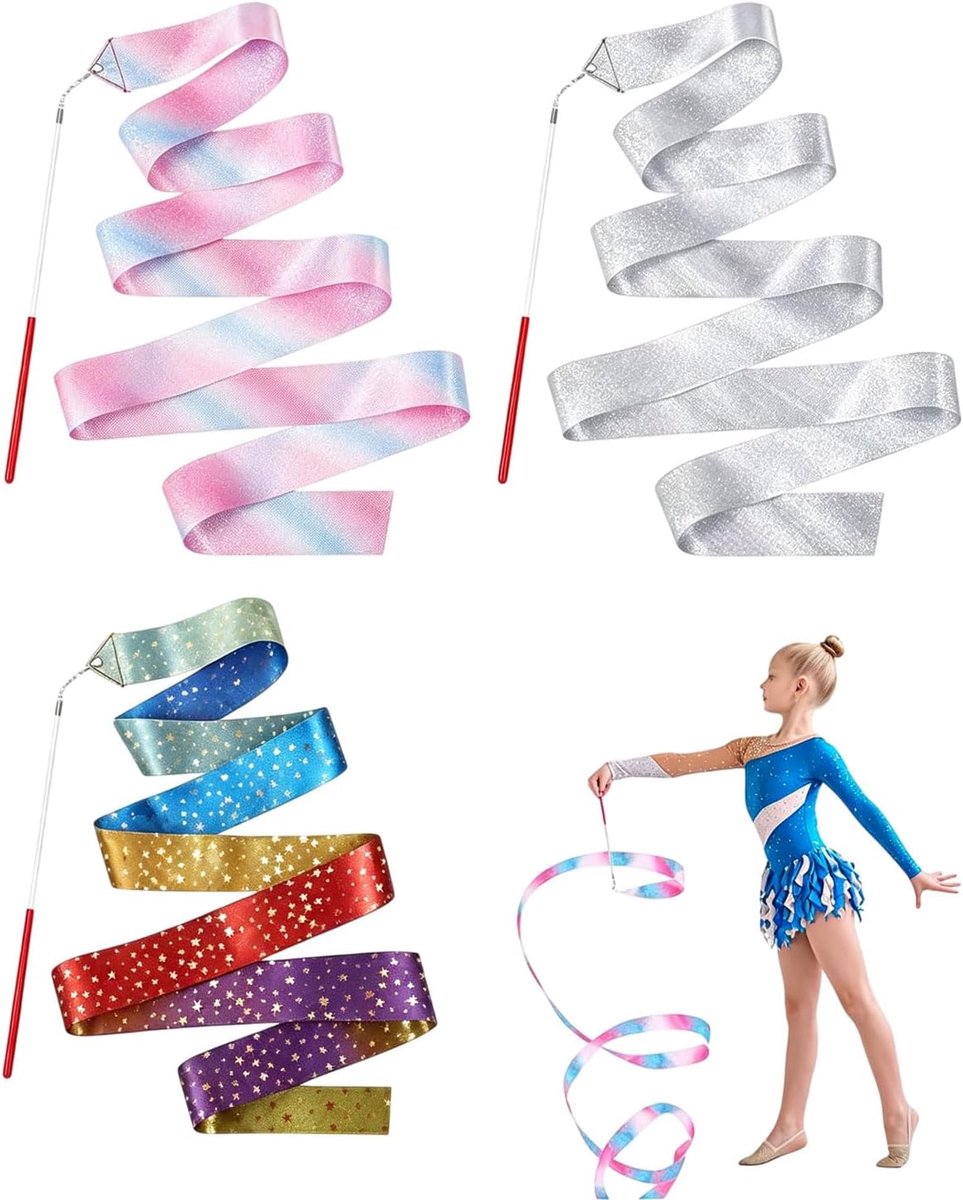 Rhythmic Dance Ribbons 3 stuks met staf, 2m Gymnastikband für Kinder Mädchen, Tanzbänder Künstlerische Gymnastik - ShopVlot