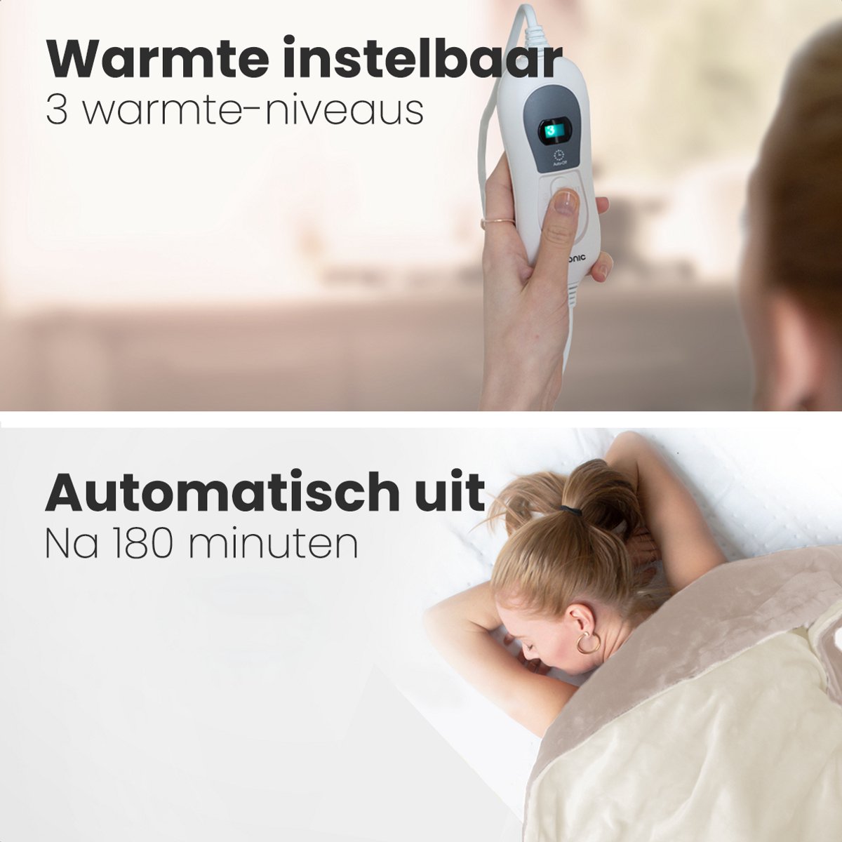 Auronic Elektrische Bovendeken - 160 x 120 cm - 1 Persoons Omslagdeken - 3 Warmtestanden met Timer & Automatische Uitschakeling - Verwarmingsdeken - Wasbaar - Beige – foto 4