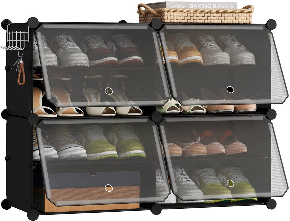 Klarven® Schoenenkast Zwart 30x80x60cm - Stevig Metalen Frame, Modulair Stapelbaar en Uitbreidbaar, 5 Haken, Belastbaar tot 5 kg per Vak - B 30 x D 80 x H 60 cm