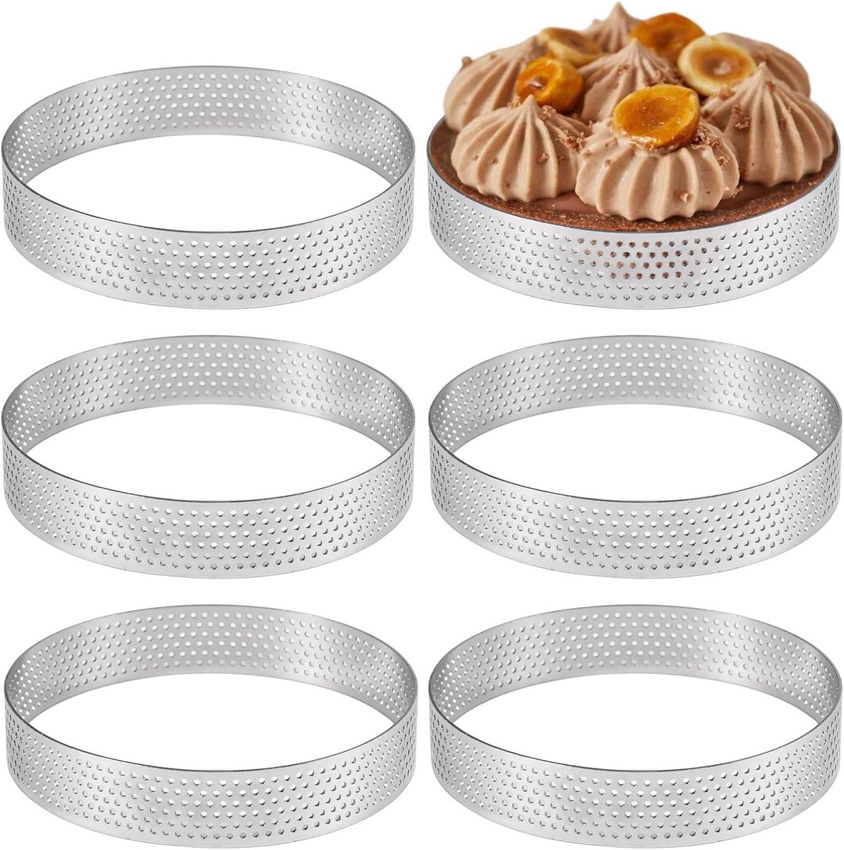Sloffenring bakvorm - Zilver - Ø 10 cm - Roestvrijstalen Geperforeerde Tartelettenvorm - Voor Bakken van Taarten en Mousse