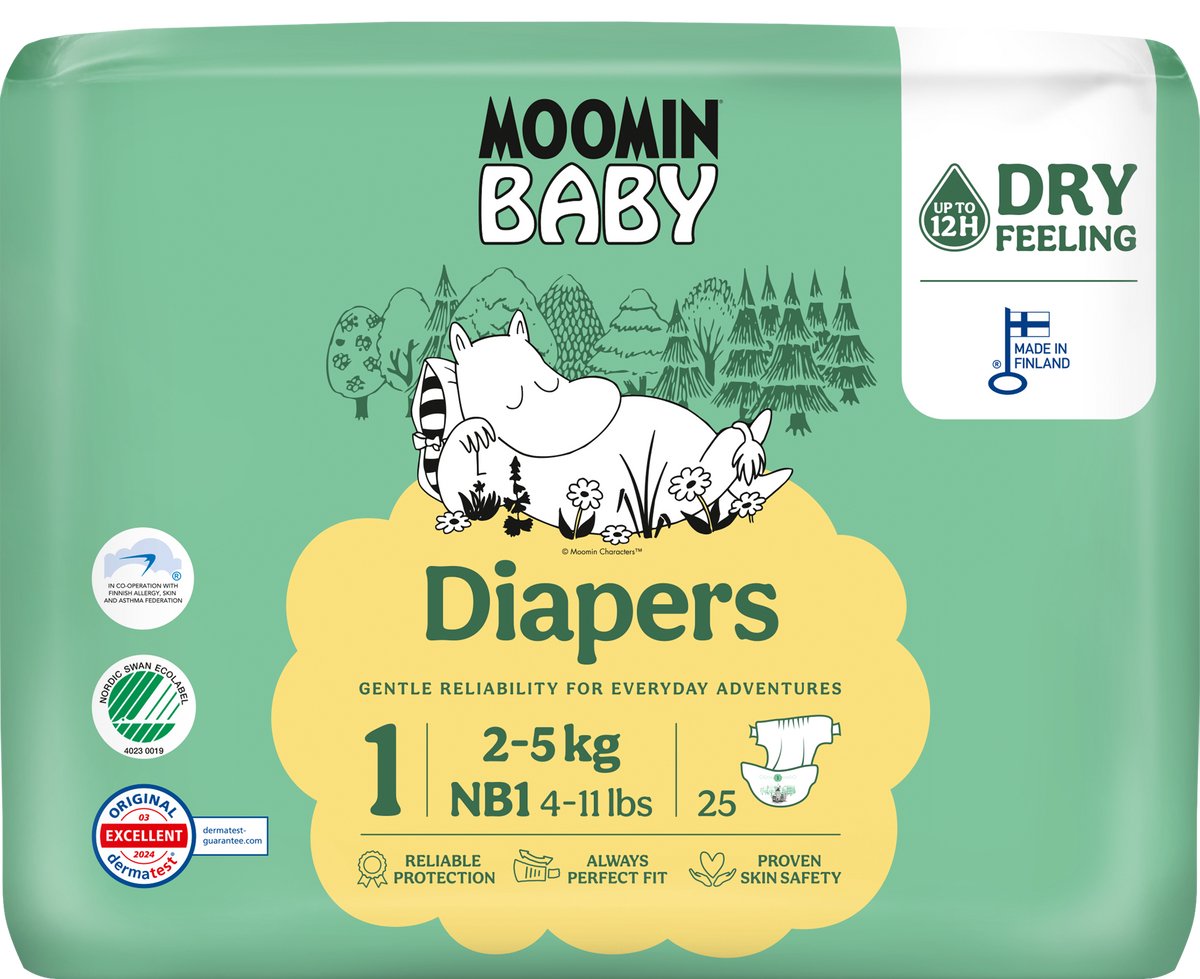 Moomin Baby - Eco Wegwerpluiers - Maat 1 - Nordic Swan Ecolabel - Veilige keuze - Anti-allergisch - CO2-neutraal