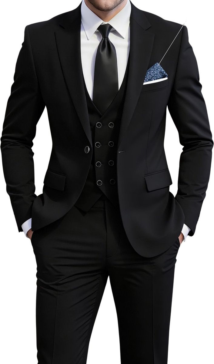 Currero 3 Delig Herenpak Met Overhemd Suit 2 Delig Tailored Fit Kostuum Business Pak Trouwpak Smoking Tuxedo Stijl Bruiloft Kantoor & Feest 1 Zwart