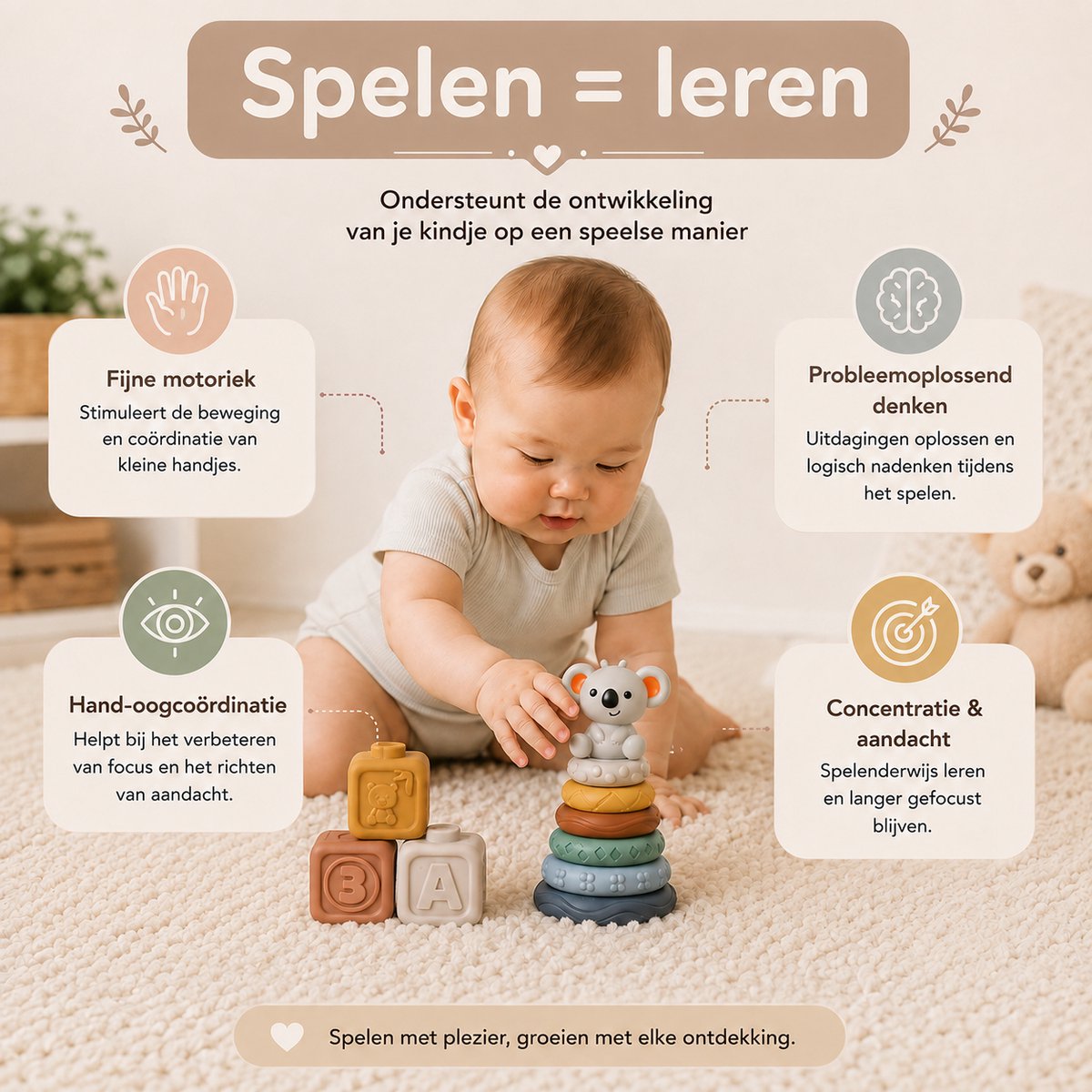 Joymaxx Koala Stapelblokken & Stapelringen - Sensorisch Baby Speelgoed 12 maanden - 13 Stuks - 6 maanden tot 2 jaar — afbeelding 2