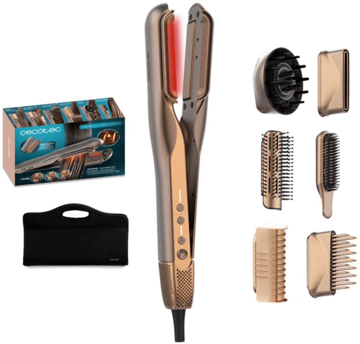 Cecotec Plancha de Pelo con Aire y Placas Vibratorias AirLisse 6in1 iTwerk Champagne. 1000W, 112000rpm, Doble Placa Calefactora