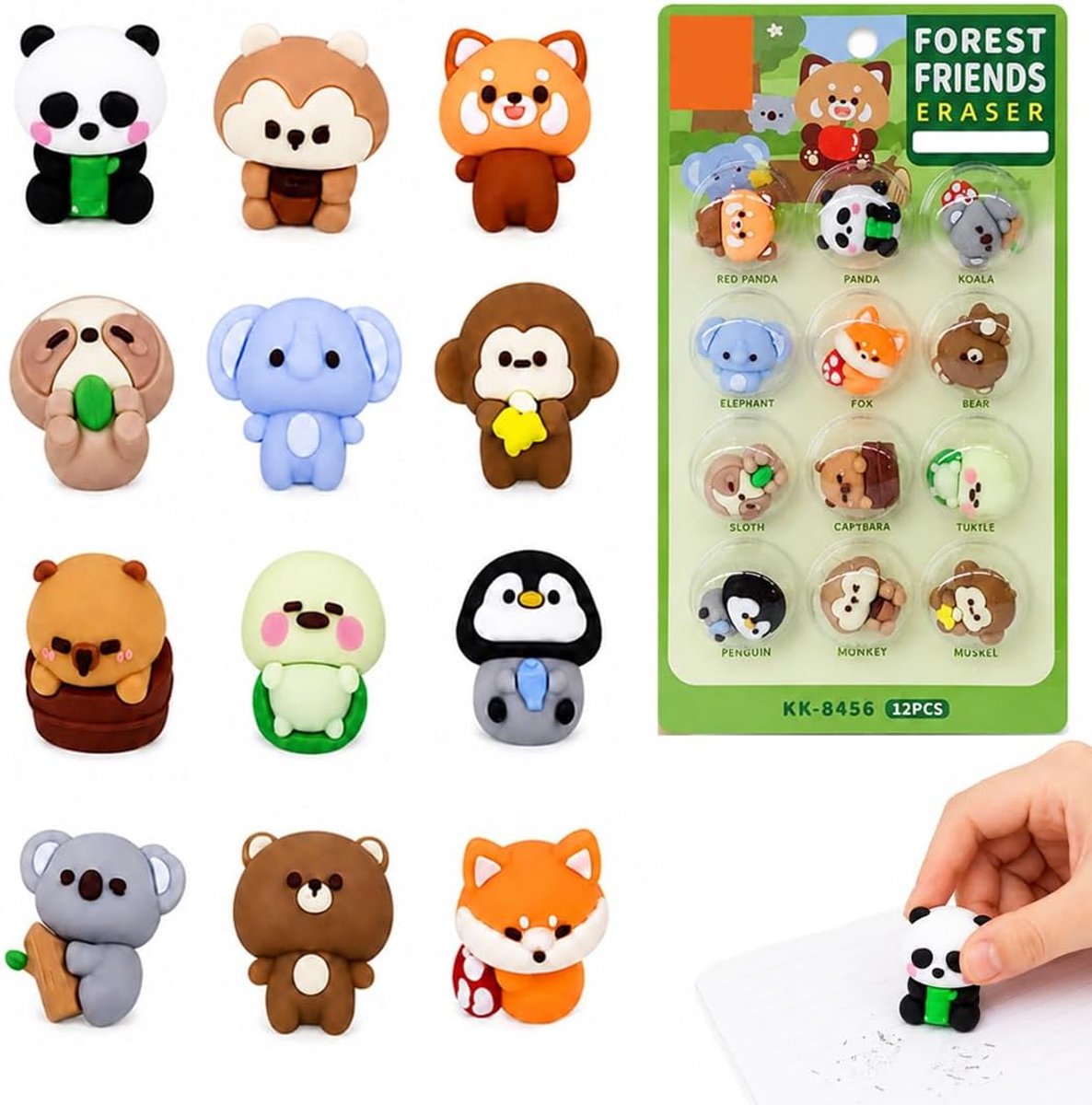 12 gummen met schattige diermotieven, Kawaii schrijfwaren, zacht, schoon en nauwkeurig, perfect voor school, kantoor - ShopVlot