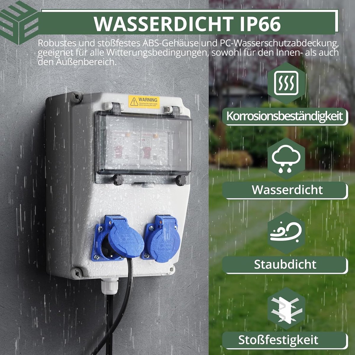 EYPINS Construction site power distributor, 2 earthed sockets, 16 A, 230 V, outdoor wall mounted, without LS+FI - ShopVlot