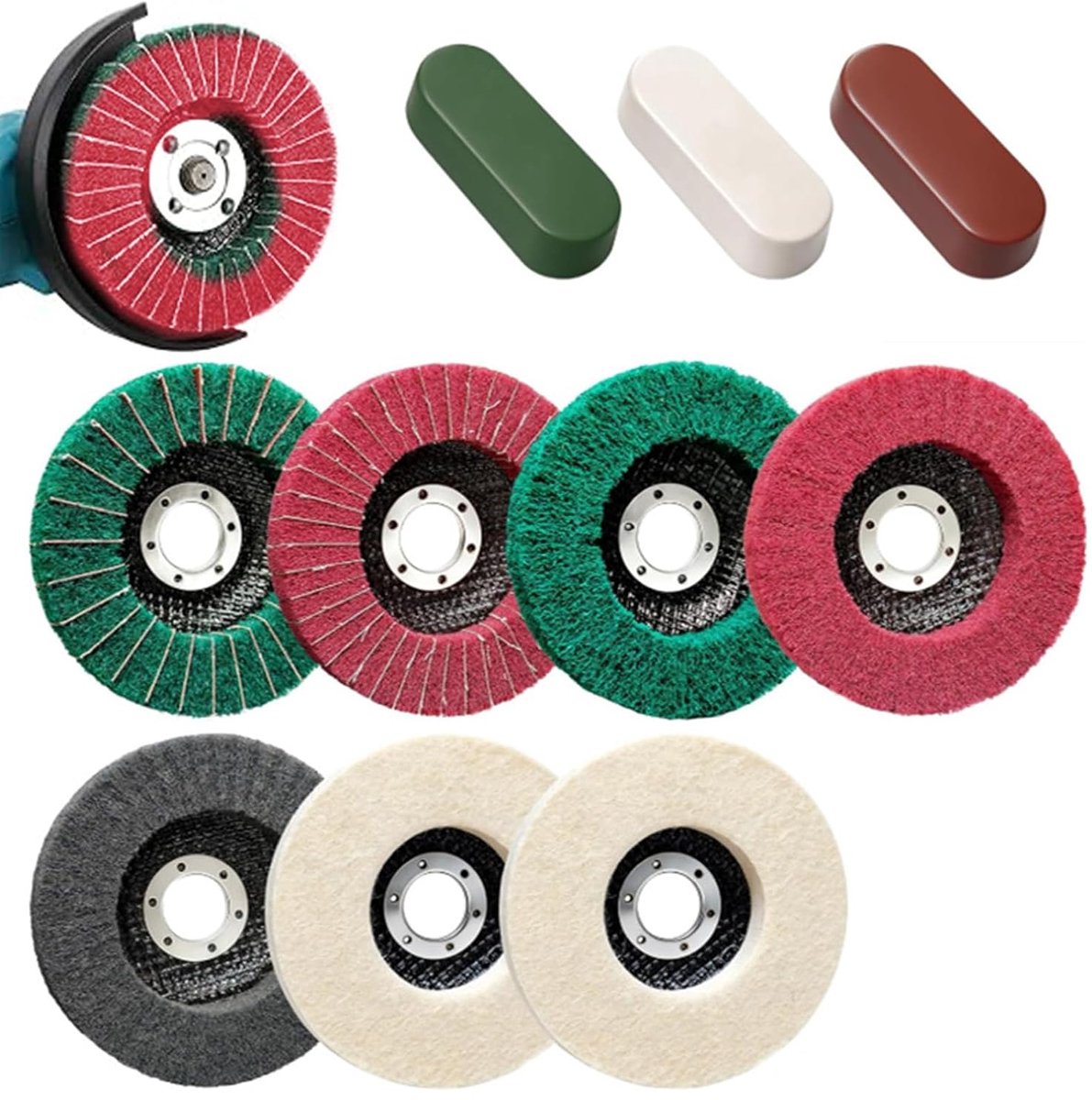 10 stuks 115 mm polijstschijven, polijstschijven voor haakse slijper, 5 nylon polijstschijven, 2 wollen waaierschijven - ShopVlot