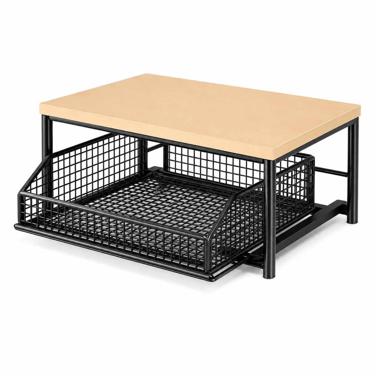 Noventra - Keukenrek - Keuken Opbergrek met Uitschuifbare Mand - Keuken Organizer - Opbergplank - Metalen Opbergrek - Ruimtebesparend - Zwart Houtlook
