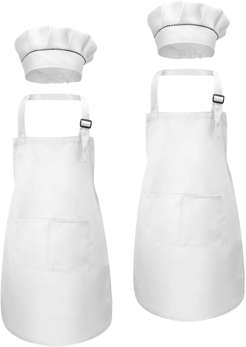 Kitchen Apron for Kids, White, Apron and Chef Hat Set for Cooking, Painting, Crafts, Adjustable Toddler Apron with 2 - ShopVlot