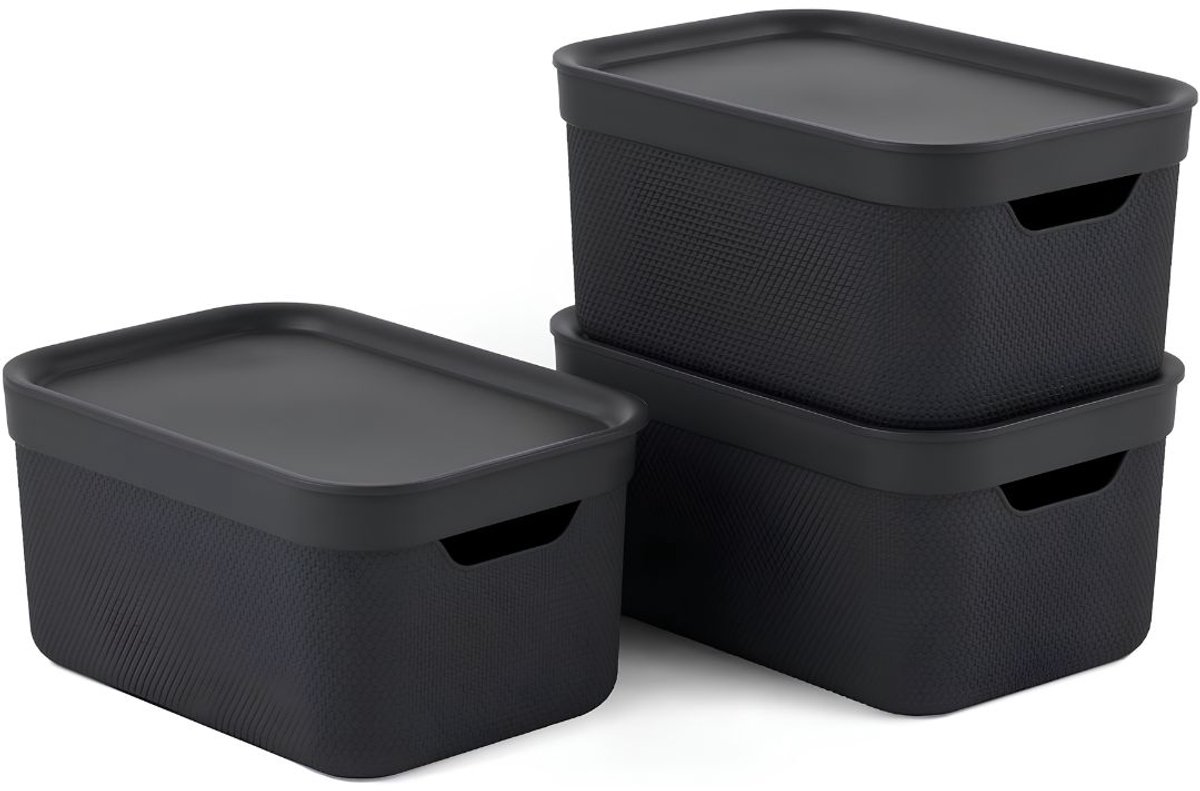 TYR® Opbergbox - 5 Liter met Deksel - Set van 3 Decoratieve Opbergdozen - Zwart - 27cm x 19cm x 14cm