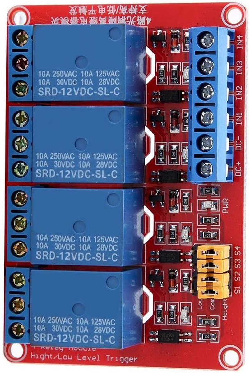 4-channel relay module, 5V/12V/24V, optocoupling relay module board top and bottom front (12V) - ShopVlot