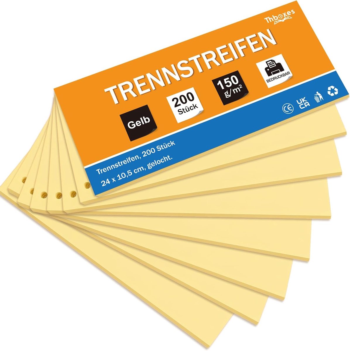 Thboxes 200 stuks scheidingsstroken, geel, 24 x 10,5 cm, geperforeerde map, scheidingsbladen voor mappen, A4, karton - ShopVlot
