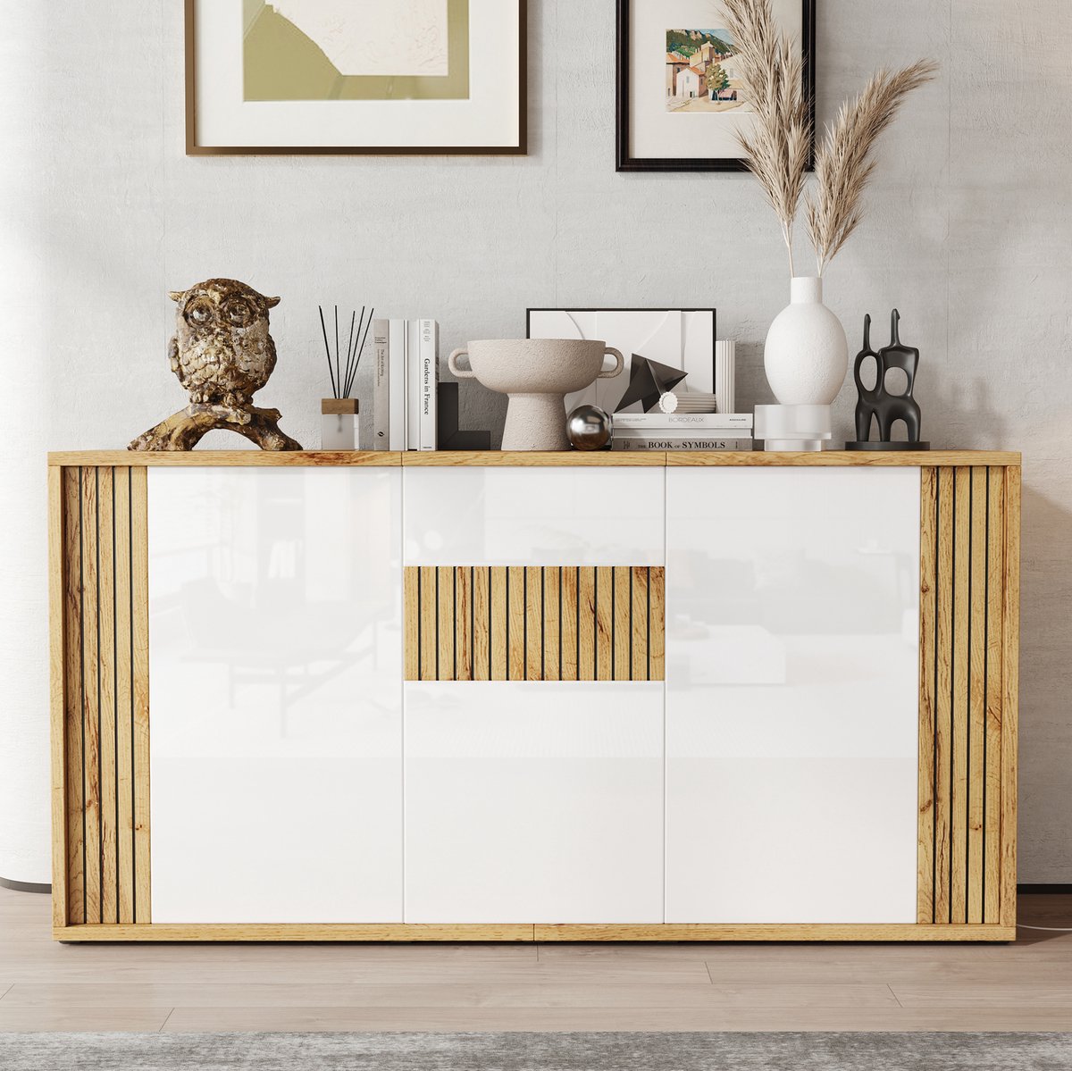 MIVRAY Dressoir - Modern Hoogglans Met Druk Open En Zachte Sluiting - Voor Woonkamer En Hal - Wit En Naturel - 140 X 35 X 71 Cm