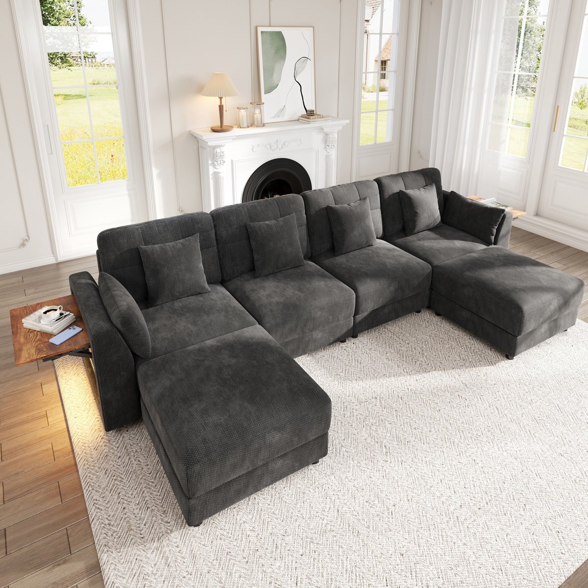 DESMIU U Bank 292 X 135 X 82 Cm Met 2 Verplaatsbare Hockers En Klaparmleuning Met LED Verlichting Voor Woonkamer Chenille Grijs